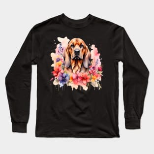 A bloodhound decorated with beautiful watercolor flowers Long Sleeve T-Shirt